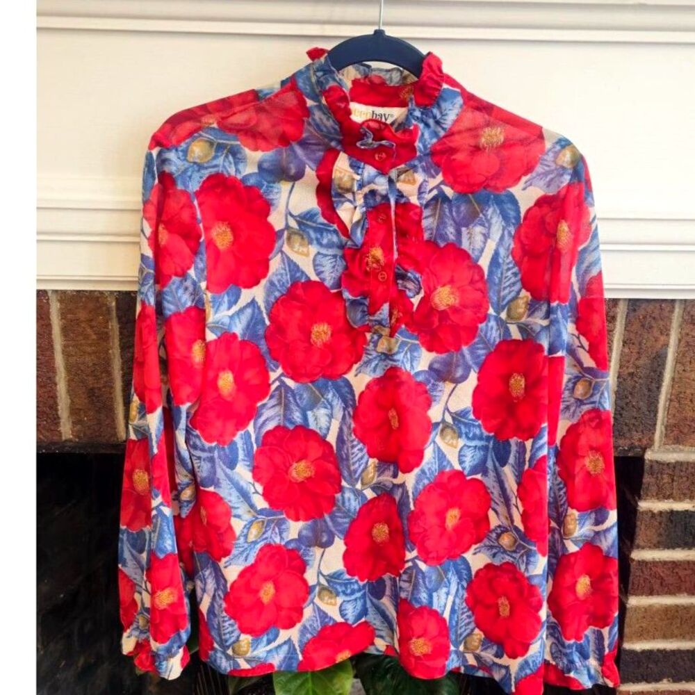 Vintage Bold Red Floral Blouse | Statement Blooms & Ruffled Romance
